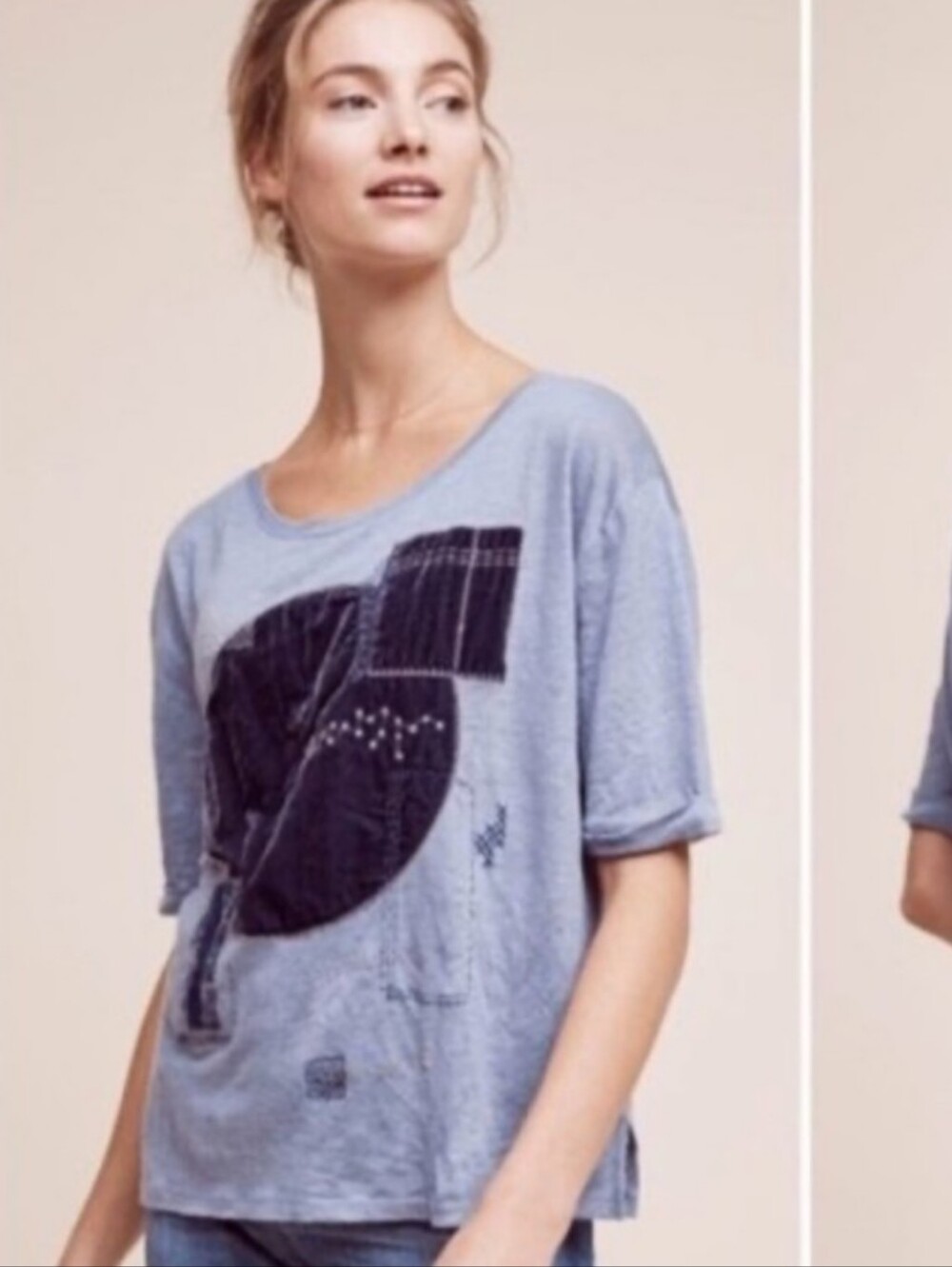 Anthropologie Akemi + Kin Blue Linen Velvet Patchwork Tee Short Sleeve Sz M